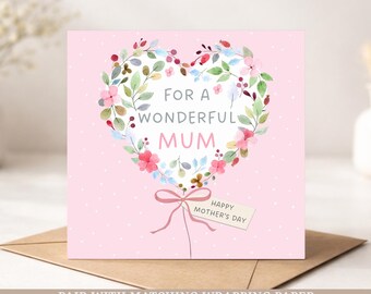 Mother’s Day Card for a Wonderful Mum, Nan, Grandma – Floral Heart Wreath Design