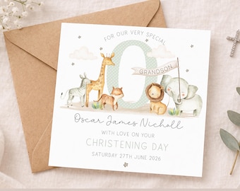 Tarjeta de bautizo personalizada para niño, tarjeta de bautismo para hijo, nieto, ahijado, sobrino, regalo de bautizo con temática de safari para niño
