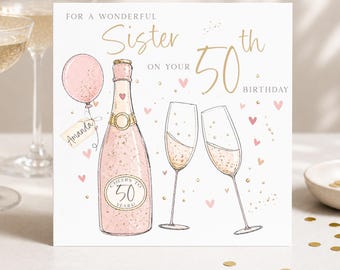 Personalised 50th Birthday Card for Her, Blush Pink Gold Champagne, Cheers to 50 Years
