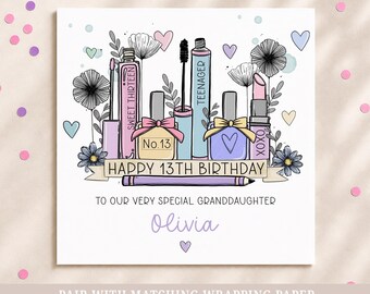 Personalised 13th Birthday Card for Teen Girl, Makeup Theme for Teenager, Daughter, Granddaughter, Sister
