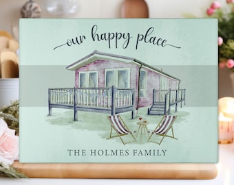 Personalised Tempered Glass Static Caravan Chopping Board, Textured Glass Worktop Saver, Static Caravan, Holiday Home Owner Gift 5 Colours