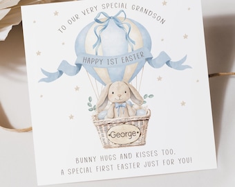 First Easter Card, Personalised Happy 1st Easter Card for Son, Grandson, Nephew Brother, Cute Bunny Blue Balloon for Baby Boy's 1st Easter