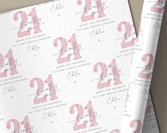 21st Birthday Gift Wrapping Paper, Personalised Happy 21st Birthday Gift Wrap & Card for Daughter, Granddaughter, Niece, Pink Floral Numbers