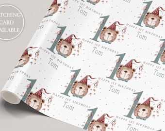 First Birthday Gift Wrapping Paper, Personalised 1st, 2nd, 3rd Any Age Teddy Birthday Gift Wrap & Card for Son, Grandson, Nephew, Godson