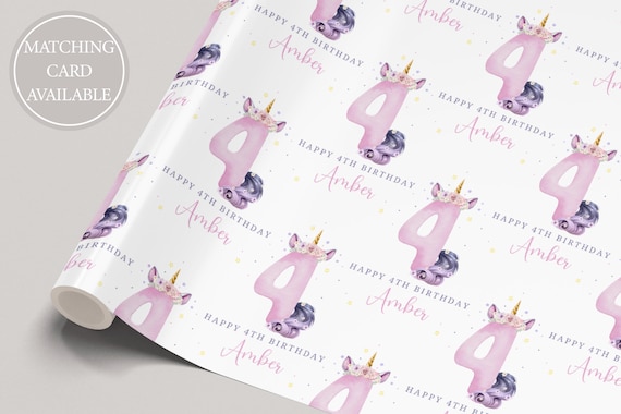 Girl's Unicorn Birthday Gift Wrapping Paper - Personalised 3rd, 4th, 5th, 6th Any Age Birthday Unicorn Gift Wrap, Unicorn Floral Numbers