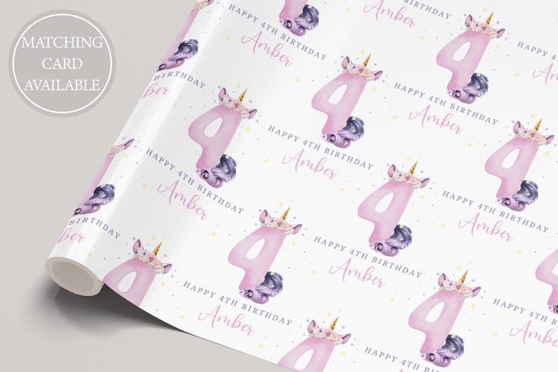 May include: White wrapping paper with a repeating pattern of pink number fours, unicorn heads with purple and gold details, and the text "Happy 4th Birthday Amber".