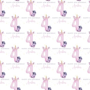 May include: A repeating pattern of pink number four shaped like a unicorn with a purple flower crown and a gold horn. The background is white with small yellow stars. The text "Happy 4th Birthday Amber" is repeated throughout the pattern.