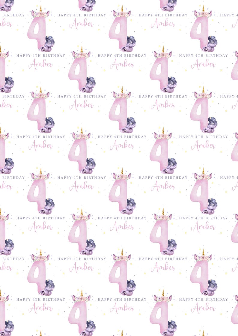May include: A repeating pattern of pink number four shaped like a unicorn with a purple flower crown and a gold horn. The background is white with small yellow stars. The text "Happy 4th Birthday Amber" is repeated throughout the pattern.