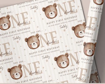 Personalised 1st Birthday Wrapping Paper, Custom Teddy Bear ONEderful Gift Wrap for Son, Grandson