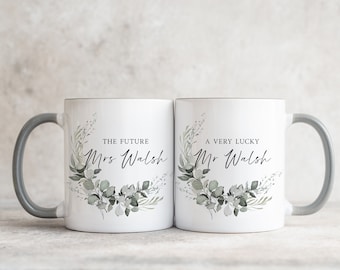 Set of Personalised Engagement Mugs, Couple Engagement Present, Happy Engagement Gift, Future Mrs and Lucky Mr, Grey Handle Engagement Mugs