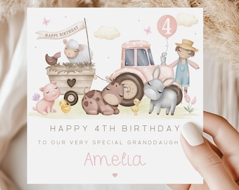 Tarjeta de cumpleaños con tractor rosa para el primer cumpleaños, tarjeta de cumpleaños personalizada con animales de granja para el segundo, tercer y cuarto cumpleaños (cualquier edad) para hija, nieta, sobrina o niña.