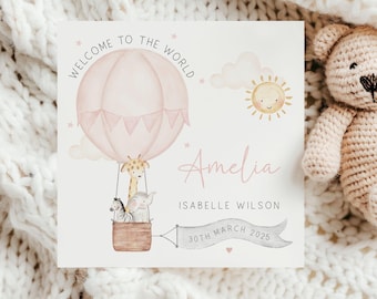 New Baby Girl Card, Personalised Welcome to the World Baby Girl, New Baby Card, Congratulations It's a Girl Card, Safari Hot Air Balloon