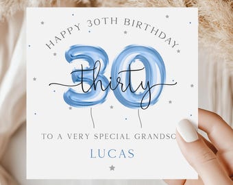 Personalised 30th Birthday Card for Him, Happy 30th Birthday Card & Gift Wrap for Son, Grandson, Brother, Nephew, Friend, Blue 30 Balloons