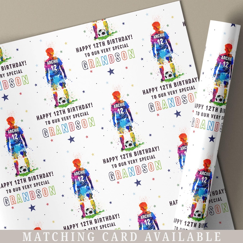 May include: White wrapping paper with a repeating pattern of a colorful soccer player with the text "Happy 12th Birthday! To our very special Grandson" and the name "Archie" and the number "12" on the jersey.  Stars and other colorful shapes are scattered throughout the pattern.