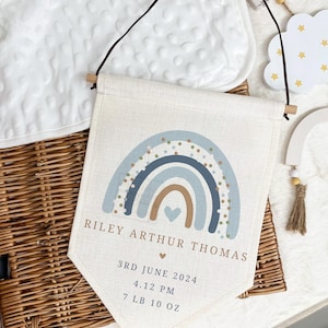 Personalised New Baby Hanging Linen Pennant, New Baby Boy Gift, Welcome Baby Boy Gift, Baby Boy Nursery Decor, Personalised Name/Birth Stats