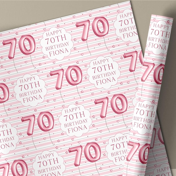 Personalised 70th Birthday Gift Wrapping Paper for Her, Happy 70th Birthday Gift Wrap for Mum, Wife, Grandma, Sister, Auntie, Pink Balloons
