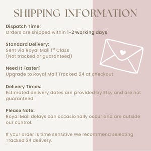 May include: A light pink background with the text "SHIPPING INFORMATION". The text includes details about dispatch time, standard delivery, and delivery times. A white envelope with a heart is in the upper right corner.