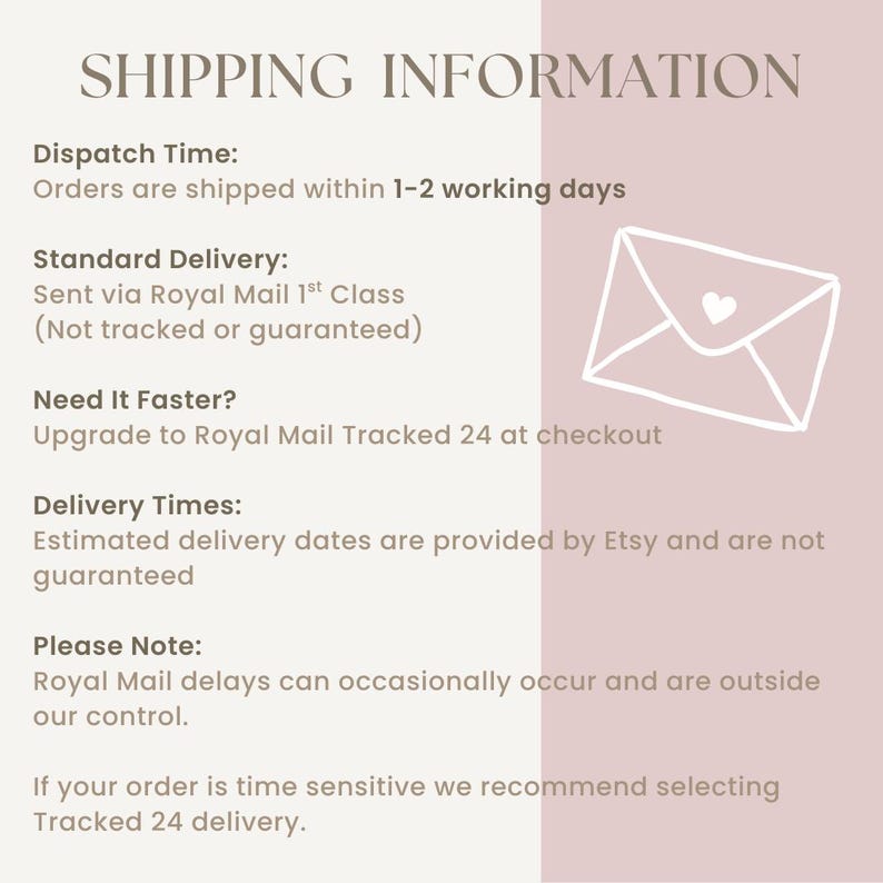 May include: A light pink background with the text "SHIPPING INFORMATION". The text includes details about dispatch time, standard delivery, and delivery times. A white envelope with a heart is in the upper right corner.