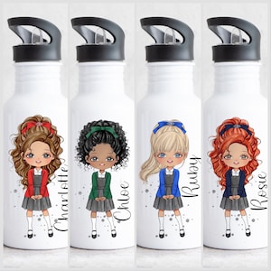 May include: Four white stainless steel water bottles with black lids and a black strap. Each bottle features a cartoon girl wearing a school uniform with a different hair colour and name: Charlotte, Chloe, Ruby, and Rosie.