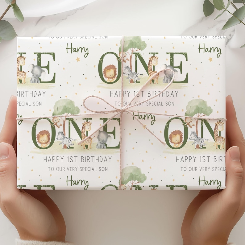 First Birthday Gift Wrapping Paper, Personalised 1st Birthday Gift Wrap for Son, Grandson, Great Grandson, Nephew, Godson, Safari Animals image 2