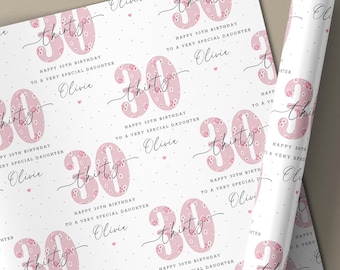 30th Birthday Gift Wrapping Paper, Personalised Happy 30th Birthday Gift Wrap & Card for Daughter, Granddaughter, Niece, Sister, Pink Floral