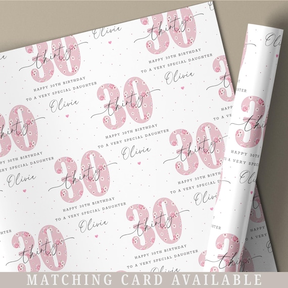 30th Birthday Gift Wrapping Paper, Personalised Happy 30th Birthday Gift Wrap & Card for Daughter, Granddaughter, Niece, Sister, Pink Floral