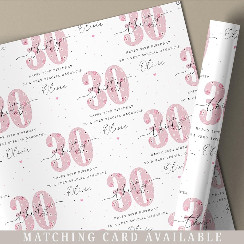 May include: White wrapping paper with a pink floral pattern. The paper features the number 30 with the word "thirty" written in cursive. The text "Happy 30th Birthday to a Very Special Daughter" is repeated throughout the paper. The name "Olivia" is also repeated throughout the paper.