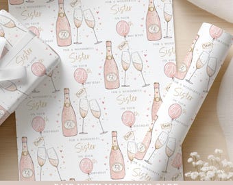 Personalised 50th Birthday Wrapping Paper, Pink Gold Champagne Gift Wrap for Her
