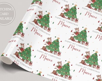 Girl's First Christmas Wrapping Paper, Personalised Girl's 1st Christmas Wrapping Paper, 1st Christmas Gift Wrap, Cute Reindeer Design