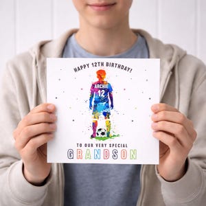 May include: A birthday card with a watercolor illustration of a soccer player in blue, red, and yellow. The card reads "Happy 12th Birthday!" and "To our very special Grandson". The player's jersey has the name "Archie" and the number "12".
