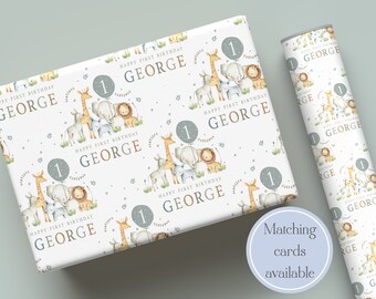 Personalised Safari Animals Happy Birthday Wrapping Paper | 1st, 2nd, 3rd, 4th, Any Age Birthday Gift Wrap | Personalised with Name & Age