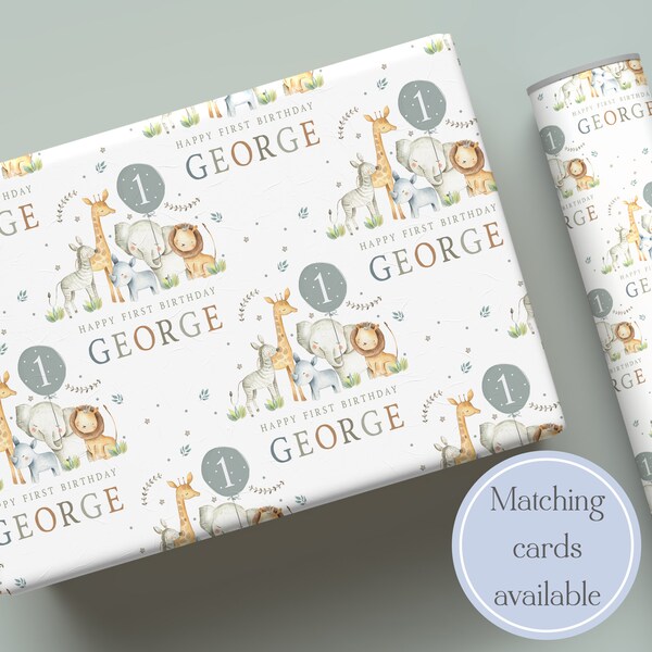 Personalised Safari Animals Happy Birthday Wrapping Paper | 1st, 2nd, 3rd, 4th, Any Age Birthday Gift Wrap | Personalised with Name & Age