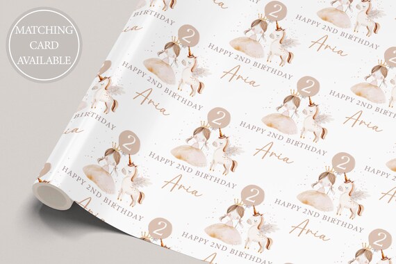 Girl's Happy Birthday Gift Wrapping Paper, Personalised 1st, 2nd, 3rd, 4th, Any Age Princess and Unicorn Birthday Gift Wrap & Card for Girls