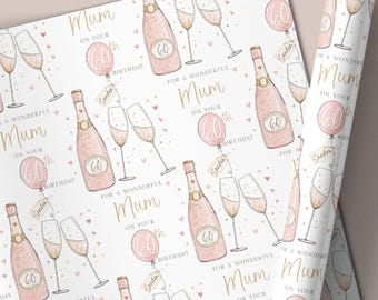 Personalised 60th Birthday Wrapping Paper, Pink Gold Champagne Gift Wrap for Her