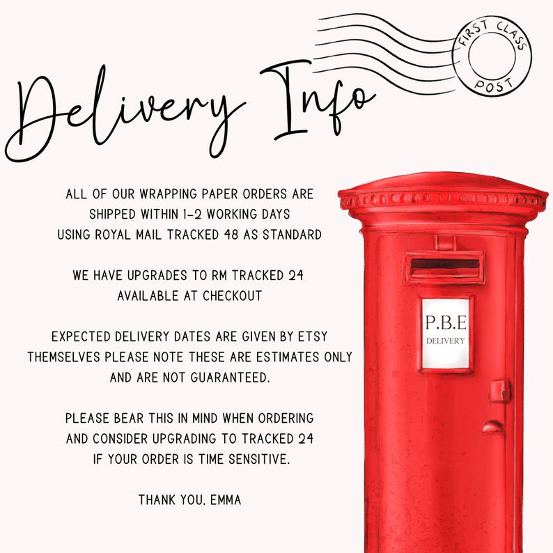 May include: A red British post box with a white "P.B.E. DELIVERY" sign. The image includes text about delivery information for wrapping paper orders, including shipping times and upgrades to tracked delivery.