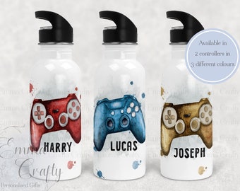 Personalised Gamer Water Bottle, Gaming Gift for Kids, Gaming Controller Water Bottle, 600ml Stainless Steel Water Bottle, Choice of Colours