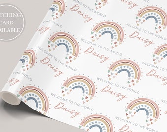 New Baby Girl Gift Wrapping Paper, Personalised Welcome to the World Baby Girl Rainbow Gift Wrap and Card with Name and Birth Date