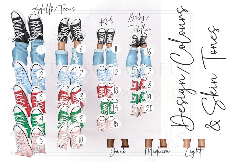 May include: An illustration featuring multiple pairs of trainers in diverse colours, such as black, blue, red, green, and pink. The image is segmented into Adults/Teens, Kids, and Baby/Toddler sections, each with corresponding shoe styles.