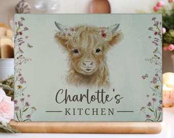 Personalised Tempered Glass Chopping Board, Highland Cow Design Family Worktop Saver, Textured Glass Cutting Board, Birthday, New Home Gift