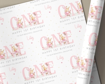 Girl's First Birthday Gift Wrapping Paper, Personalised 1st Birthday Gift Wrap for Daughter, Granddaughter, Niece, Pink Ballerina Bunny