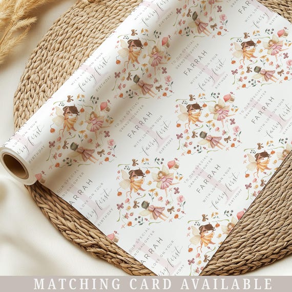 Fairy First Birthday Gift Wrapping Paper, Personalised Fairy 1st