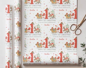 Baby's First Christmas Wrapping Paper, Personalised 1st Xmas Gift Wrap Baby Boy Girl for Son Daughter Grandson Granddaughter, Santa & Elf