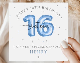 May include: A white card with blue and silver accents. The card says "Happy 16th Birthday" with a blue balloon number 16 and the word "sixteen" written in cursive. The card also says "To a very special Grandson Henry".