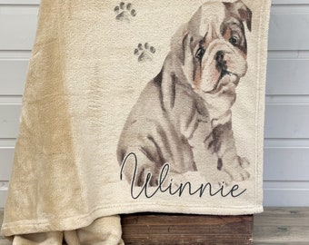 Personalised Printed English Bulldog Pet Blanket | Personalised Super Soft Pet Fleece Blanket | Camel or Silver Colour |  2 Sizes