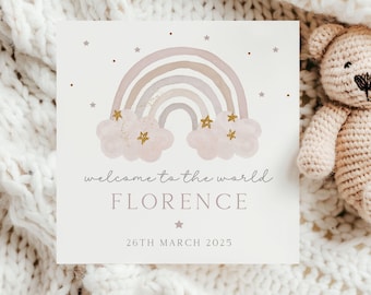 Personalised New Baby Girl Card, Welcome to the World Baby Girl, New Baby Card, Congratulations It's a Girl Card, Rainbow Design