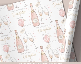 Personalised 40th Birthday Wrapping Paper, Pink Champagne Design Gift Wrap