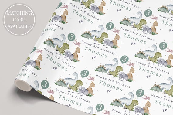 Boy's Dinosaur Birthday Gift Wrapping Paper, Personalised 1st, 2nd, 3rd, 4th Any Age Dinosaur Birthday Gift Wrap & Card, Kids Birthday Paper