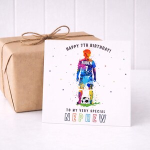 May include: A birthday card with a watercolor illustration of a soccer player in a blue jersey with the name "Ruben" and the number 7. The card reads "Happy 7th Birthday!" and "To My Very Special Nephew."