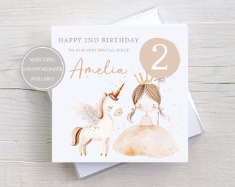 Tarjeta de cumpleaños personalizada para niña (primer cumpleaños, segundo, tercer, cuarto, quinto cumpleaños, cualquier edad) con diseño de princesa y unicornio para hija, nieta o sobrina.