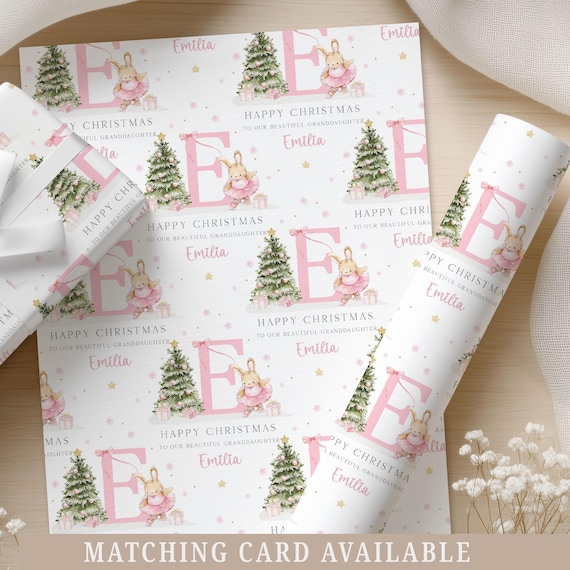 Pink Christmas Gift Wrapping Paper for Girls, Personalised Xmas Gift Wrap for Daughter, Granddaughter, Niece, Pink Christmas Bunny Ballerina